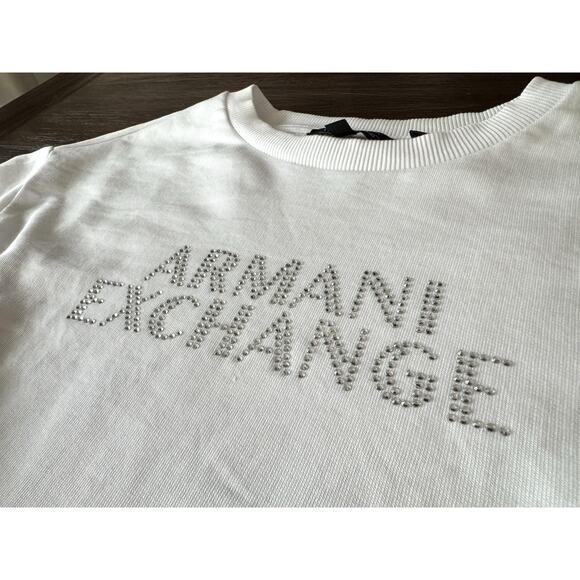 Armani Exchange Crop Sweatshirt White Crystal Rhinestone Spellout XS - Picture 4 of 9